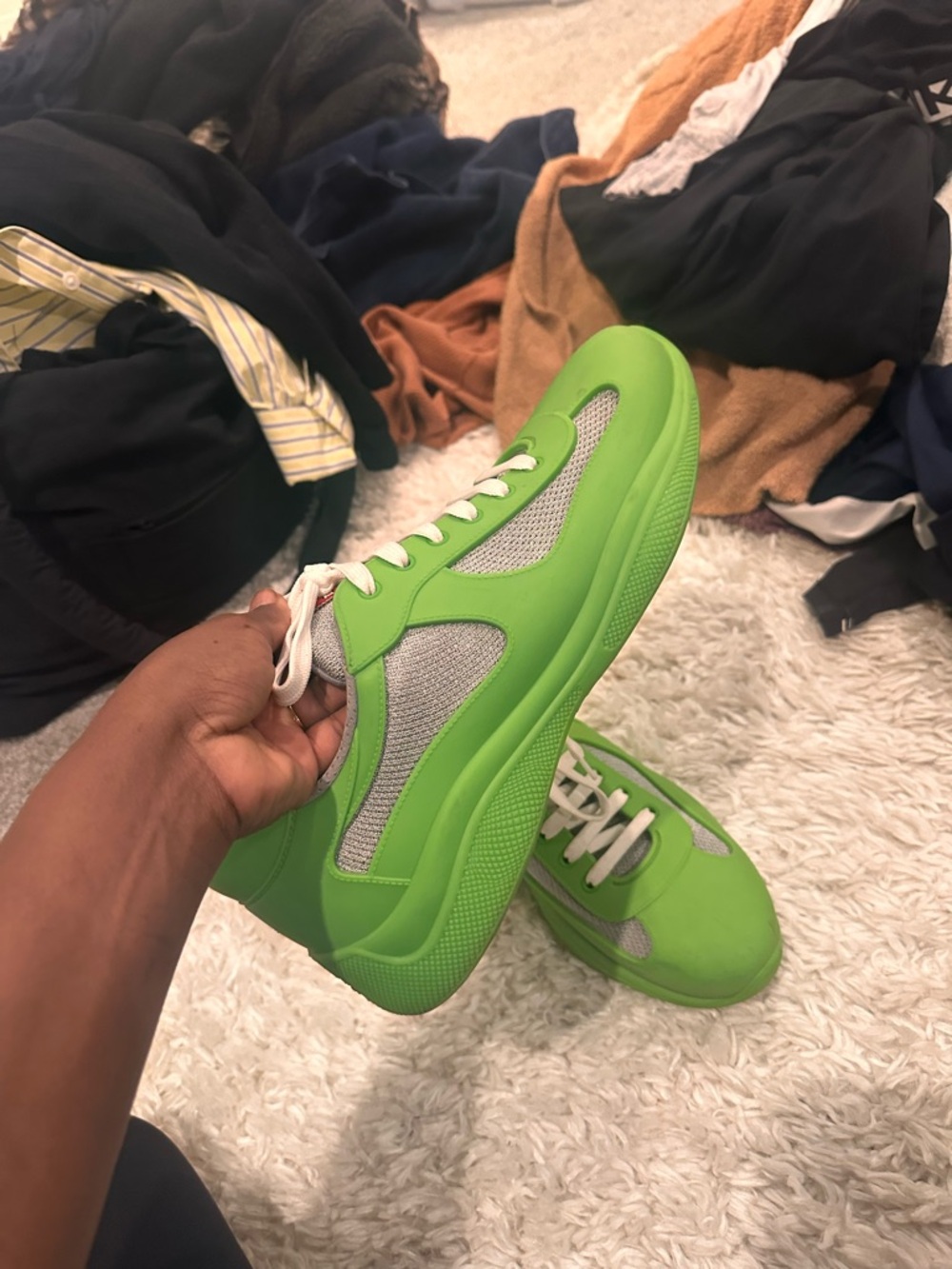 Prada Men's Lime Green and Grey Low-Top Sneakers - Picture 5 of 7